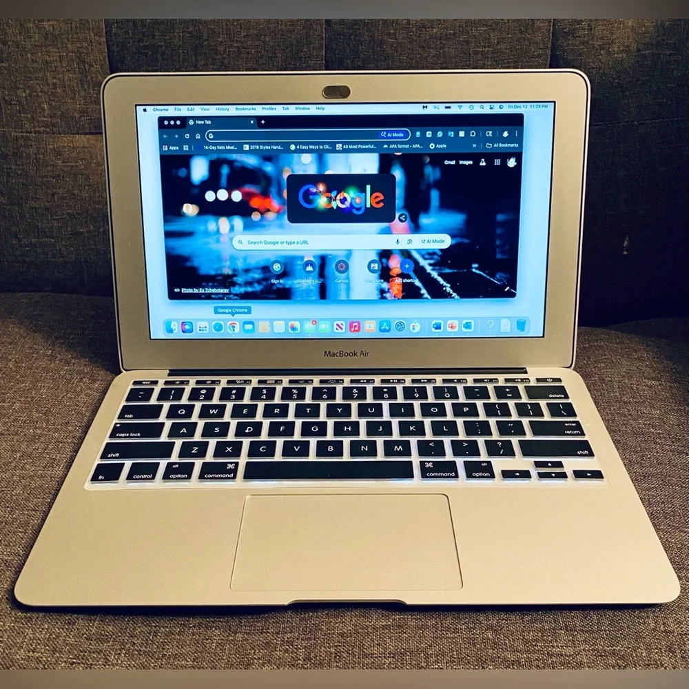 Apple MacBook Air with Charger & Cherry Blossom Wood Case & keyboard cover